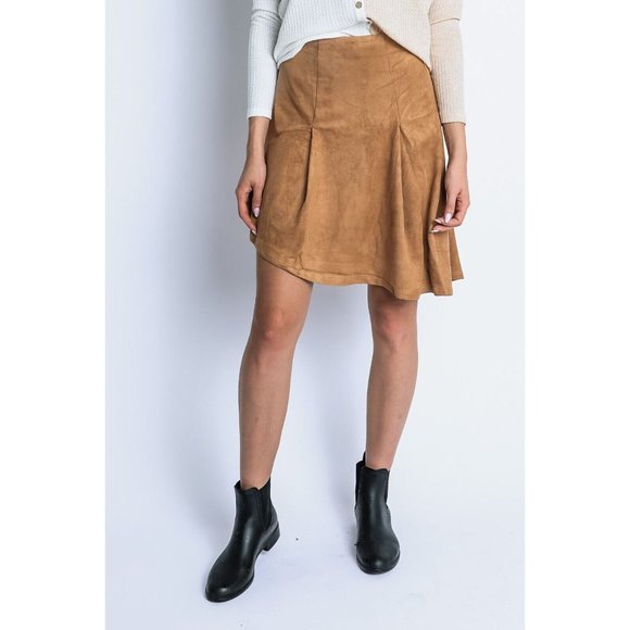 Women's Casual Pleated Suede Solid High Low Midi Skirt Tan Size S,M,L - Picture 9 of 14